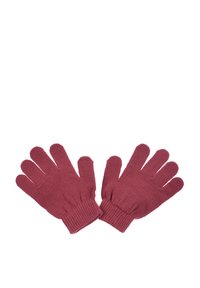 Guantes de punto en rosa oscuro con un puño acanalado ajustado. Presentan un diseño de cinco dedos con una textura suave. Versátiles y ligeros para proporcionar calor.