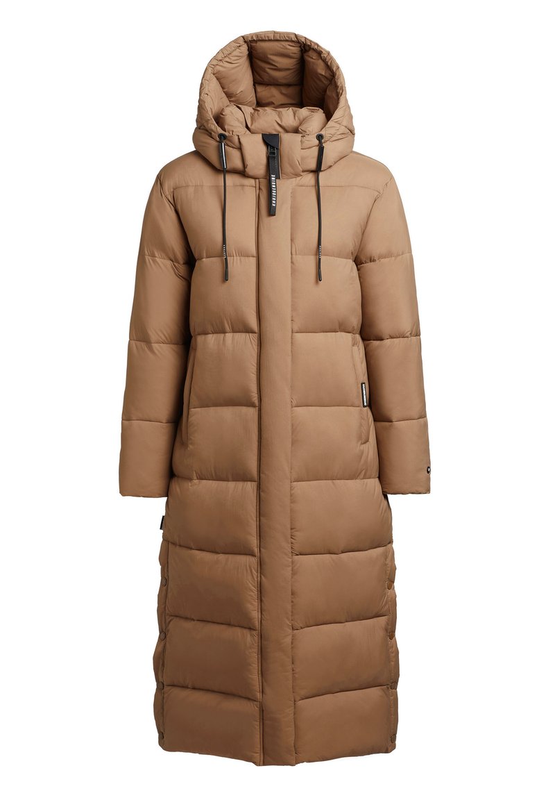 Langer brauner Daunenmantel mit Kapuze, der horizontale Steppnähte, einen Frontreißverschluss, Kordelzüge und zwei seitliche Knopftaschen aufweist.
