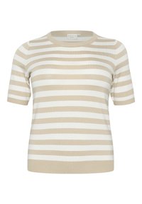 Suéter de manga corta a rayas en beige y blanco, hecho de un suave tejido de punto. Cuello redondo con acentos de canalé. Diseño simple y clásico.