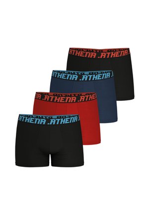 Quatre boxers pour hommes en noir, bleu marine et rouge avec des ceintures contrastantes portant la marque "ATHENA" en lettres rouges ou bleues.