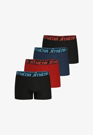 Quatre boxers pour hommes en noir, bleu marine et rouge avec des ceintures contrastantes portant la marque "ATHENA" en lettres rouges ou bleues.