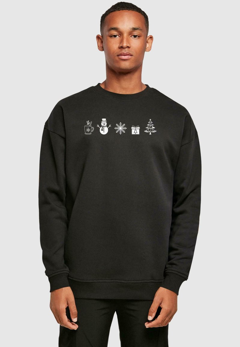 Svart sweatshirt med hvite festlige ikoner: en kopp, snømann, snøfnugg, gaveeske og juletre, med rund hals og ribbede mansjetter.