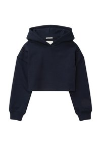 Sudadera corta de color azul marino, con mangas largas y un dobladillo acanalado ajustado en los puños y el borde inferior.