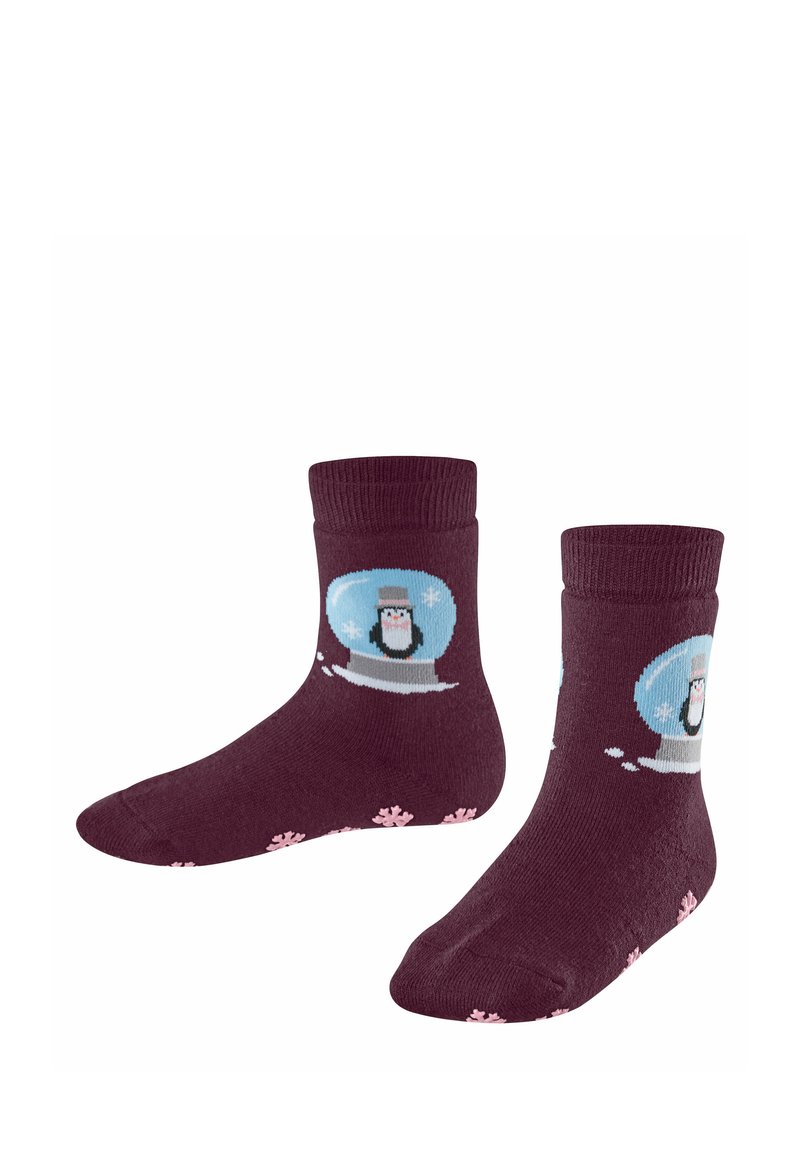 Bordeauxfarbene Baumwollsocken mit einem Schneekugel-Design, das einen Pinguin zeigt, akzentuiert mit pinken Schneeflocken. Schafthöhe bis zur Mitte der Wade und gerippte Abschlüsse.