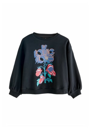Black sweatshirt with long balloon sleeves, ribbed neckline, and front graphic featuring red lips and green leaves, labeled "The Rolling Stones."