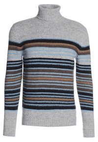 Šedý rolákový svetr s vodorovnými pruhy v modré, hnědé a černé barvě. Pletená textura s žebrovaným límcem a manžetami.