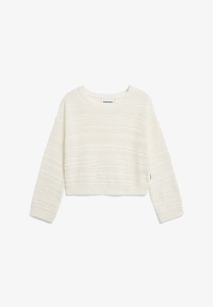 Pull blanc court avec un motif en maille texturé et un col rond. Présente des manches longues et un ourlet côtelé.