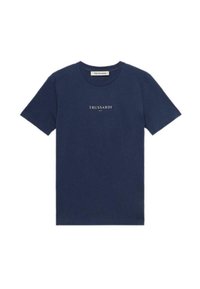 Camiseta de algodón azul marino con cuello redondo, mangas cortas y logo blanco "TRUSSARDI" centrado en el pecho. Diseño simple y clásico.