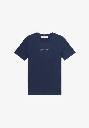 T-shirt en coton bleu marine avec un col rond, des manches courtes et un logo "TRUSSARDI" blanc centré sur la poitrine. Design simple et classique.