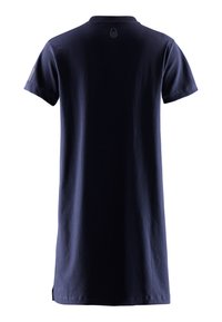 Granatowa bawełniana sukienka t-shirtowa z krótkimi rękawami, okrągłym dekoltem i detalem z logo na plecach. Gładka tekstura, casualowy design.
