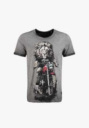 Graues T-Shirt mit einem Löwen, der ein rotes Motorrad fährt, und dem Text "Ride like a king" auf der Vorderseite.