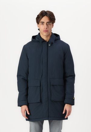 Navy blue parka jacket with a hood, featuring two front pockets, a snap closure, and a slightly longer cut for added warmth and coverage.