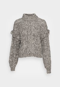 Gebreide trui in een grijs en wit mengsel, met een hoge hals, een gestructureerd patroon en gerimpelde accenten op de mouwen. Verkorte lengte.