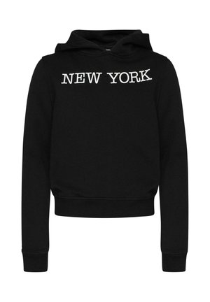 Juodas džemperis su priekine kengūros kišene, baltiu "NEW YORK" tekstu ant krūtinės, ilgomis rankovėmis ir su raišteliu reguliuojamu gobtuvu. Minkšta medžiaga.