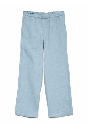 Lyseblå teksturerte bukser i stoff med elastisk midje og sidelommer, designet for avslappet komfort og enkel bruk.