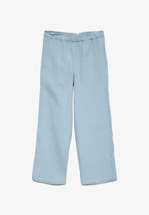 Pantalon en tissu texturé bleu clair avec taille élastique et poches latérales, conçu pour le confort décontracté et un port facile.