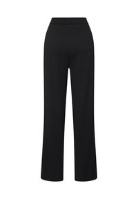 Schwarze Hosen mit weitem Bein und hohem Bund. Aus strukturiertem Stoff gefertigt, mit glatter Oberfläche und lockerem Schnitt von der Hüfte bis zum Saum.