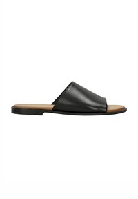 Sandale en cuir noir à enfiler avec un bout ouvert, pr�ésentant une finition lisse, une semelle intérieure anatomique et une fine semelle en caoutchouc.