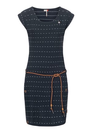 Marineblauwe jurk met korte mouwen met witte gestippelde horizontale strepen, een ronde hals, zijzakken met knopen en een gevlochten bruine riem.