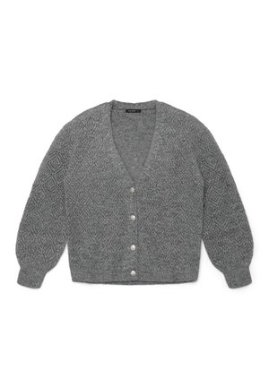 Cardigan grigio lavorato a maglia con scollatura a V, motivo aperto testurizzato, maniche lunghe a sbuffo e cinque bottoni decorativi lungo il davanti.