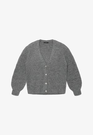 Grauer Strickcardigan mit V-Ausschnitt, strukturiertem Lochmuster, langen Puffärmeln und fünf dekorativen Knöpfen auf der Vorderseite.