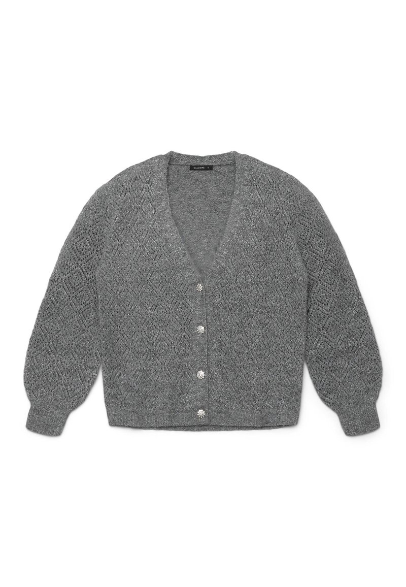 Grauer Strickcardigan mit V-Ausschnitt, strukturiertem Lochmuster, langen Puffärmeln und fünf dekorativen Knöpfen auf der Vorderseite.