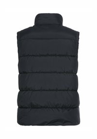 Schwarze, ärmellose Steppweste mit hohem Kragen, gestepptem Design und glatter Textur. Verfügt über horizontale Nähte und eine einfarbige Optik.