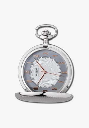 Montre de poche en argent avec un cadran gris, dotée d'index en or rose, d'un motif en spirale sur le cadran et d'une boucle décorative en haut.