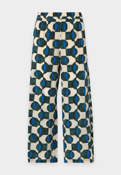 Pantalon à jambes larges avec taille élastique, présentant un motif géométrique bleu et vert foncé sur fond beige.