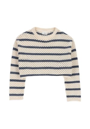 Sweter krótkiego kroju z dzianiny w kremowo-granatowe paski, z długimi rękawami i okrągłym dekoltem.