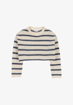 Sweter krótkiego kroju z dzianiny w kremowo-granatowe paski, z długimi rękawami i okrągłym dekoltem.