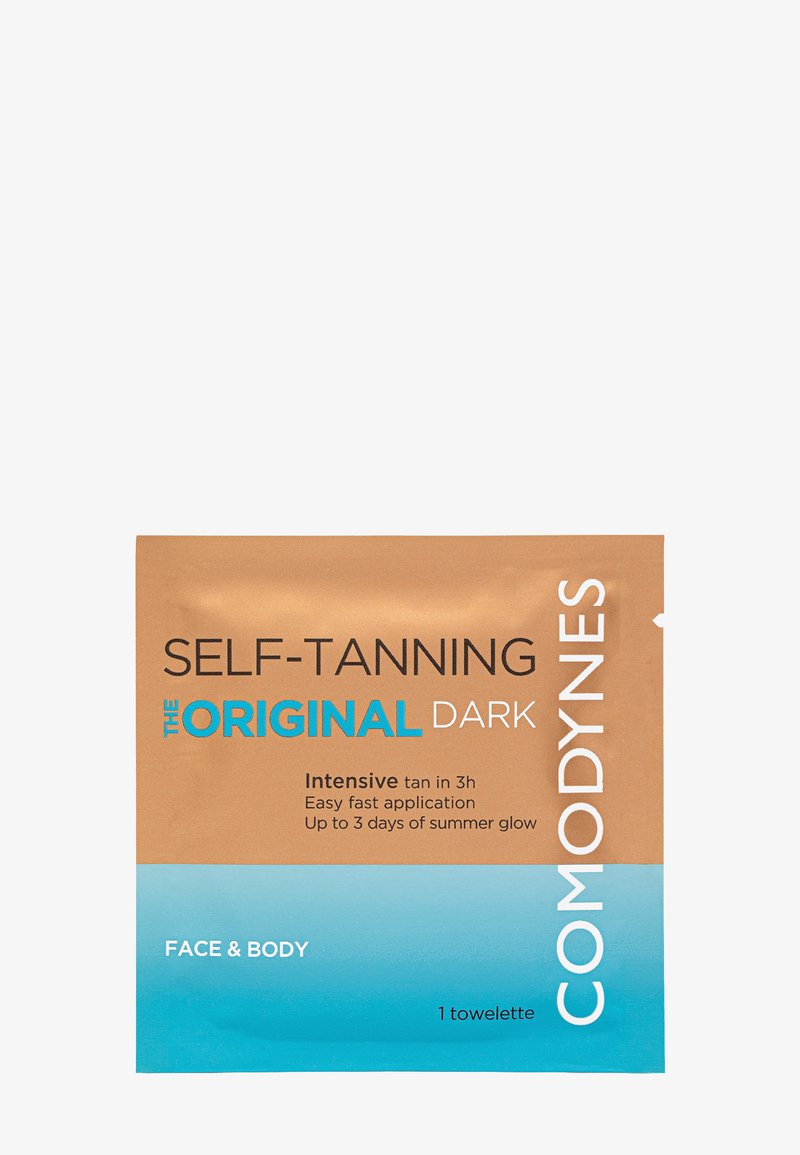Selbstbräuner-Tücher-Paket, design in Bronze und Türkis, mit klaren Text; verspricht intensive Bräune in 3 Stunden für Gesicht und Körper.