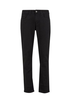 Schwarze Jeans aus Denim mit geradem Schnitt, fünf Taschen und Knopfverschluss. Weiche Textur und minimale Nähte auf dem Stoff.