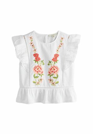 White sleeveless blouse with ruffled cap sleeves, floral embroidery in pink and red down the front, and a ruffled hem.