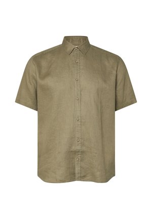 Lniana koszula oliwkowa z krótkim rękawem, spiczastym kołnierzem i zapinaniem na guziki z przodu.