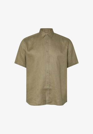 Kurzärmliges olivgrünes Leinenhemd mit spitzem Kragen und durchgehender Knopfleiste.