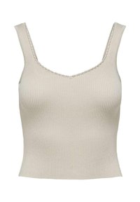 Top in cotone beige a coste con spalline larghe e scollo tondo, caratterizzato da cuciture sottili lungo i bordi. Tessuto morbido e forma aderente.