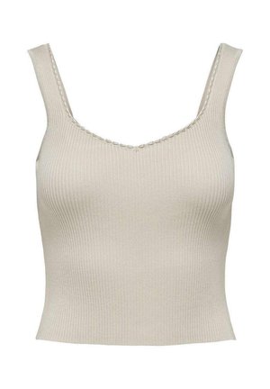 Top in cotone beige a coste con spalline larghe e scollo tondo, caratterizzato da cuciture sottili lungo i bordi. Tessuto morbido e forma aderente.