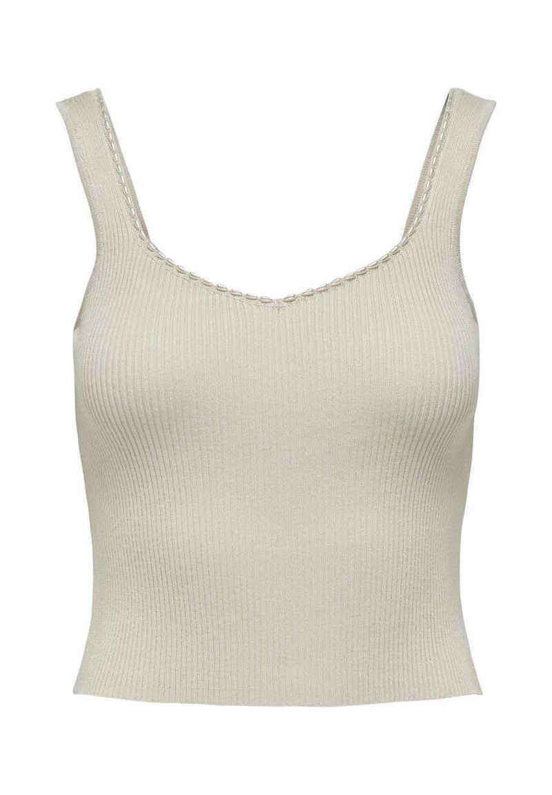 Top in cotone beige a coste con spalline larghe e scollo tondo, caratterizzato da cuciture sottili lungo i bordi. Tessuto morbido e forma aderente.