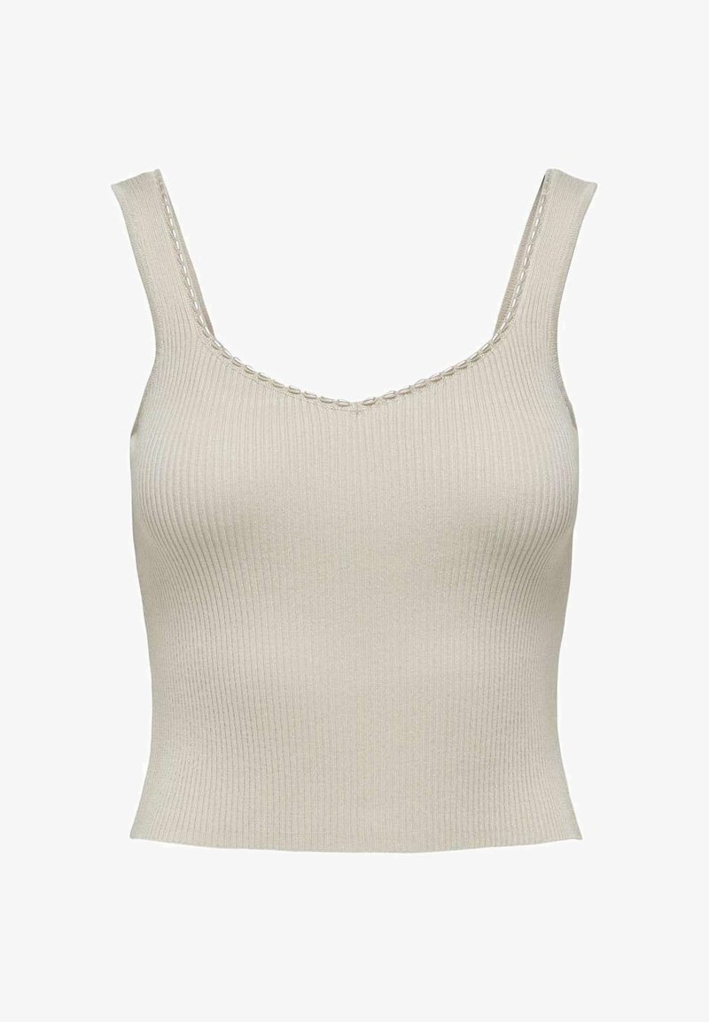 Beige ribbattu tank-toppi, jossa on leveät hihnat ja avara kaula-aukko, sekä hienovaraiset ompeleet reunoilla. Pehmeä rakenne ja vartalonmyötäinen muoto.