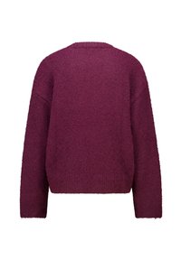 Burgundy sweater, fuzzy texture, loose fit, drop shoulders, ribbed cuff and hem, and plain design without embellishments.