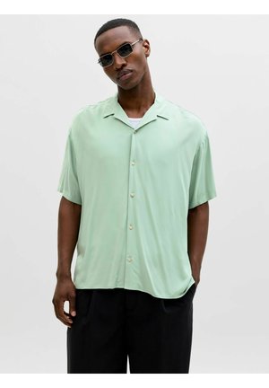 Uomo che indossa una camicia con maniche corte color verde chiaro, pantaloni neri e occhiali da sole scuri, in piedi contro uno sfondo semplice.