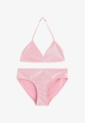 Rosa bikinitopp set med halterneck och trekantiga kupor samt matchande botten. Materialet har en glänsande finish med en mjuk textur.