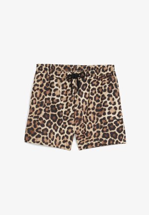 Leopárd mintás fürdőnadrág elasztikus derékkal, húzózsinóros záródással, két oldalsó zsebbel és sima textúrájú anyaggal.