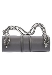 Gray leather handbag with a cylindrical shape, featuring vertical seams, a textured surface, and a silver chain strap.
