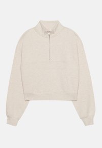 Ljusbeige kort sweatshirt med hög krage, halvdragkedja och framfickor. Tillverkad av mjukt, ojämnt tyg med ribbade ärmslut.
