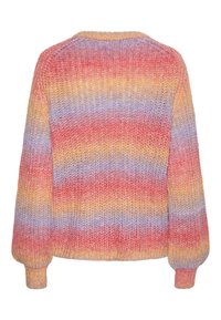 Pull en tricot à manches longues avec des rayures horizontales dégradées dans des tons rouges, jaunes, violets et oranges.