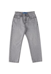 Šedé džínsy s uvolněným střihem, s knoflíkovým zapínáním, pěti kapsami a jemným odřením. Modrý štítek značky na pásku.