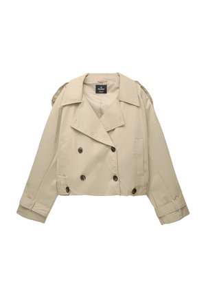 Beige cropped trenchcoat med dobbeltradet front, store klapper og knapdetaljer. Fremstillet af glat, let stof.