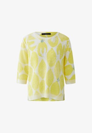 Weißer und gelber Pullover mit Zitronenmuster, Dreiviertelärmel, Rundhalsausschnitt und einem leicht verlängerten Rückensaum.